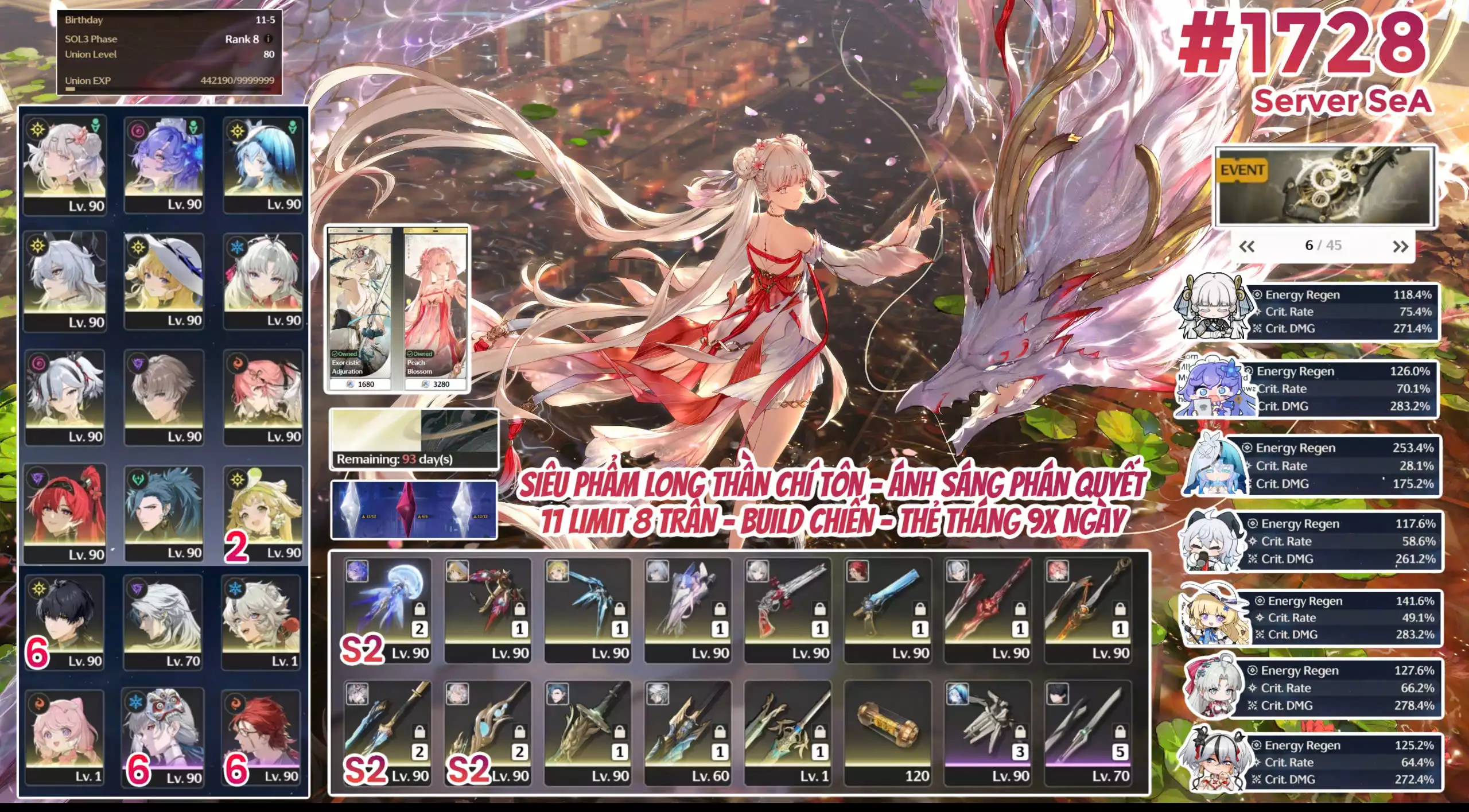 [#1728 SEA SIÊU PHẨM THẦN LONG GIÁNG THẾ NHIỀU TOP DPS] JINHSI SKIN TRẤN S2 + CANTARELLA TRẤN S2 + YINLIN TRẤN + YAO TRẤN + CARLOTTA TRẤN + CAMELLYA TRẤN + CHANGLI TRẤN + LONG TRẤN + SHOREKEEPER + ZANI + PHOEBE + VERINA RC2 + CALCHARO + LINGYANG + ENCORE + THẺ THÁNG 90 NGÀY + SKIN LIMIT + BANNER TRẤN 6 TRANG