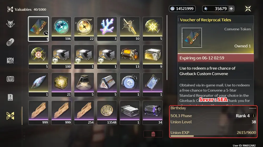 (SEA) UL38 : ~36k Astrite + hơn 100 roll xanh + ~20 roll limit vàng + 10 roll vũ khí (BẢO HÀNH LOGIN LẦN ĐẦU)