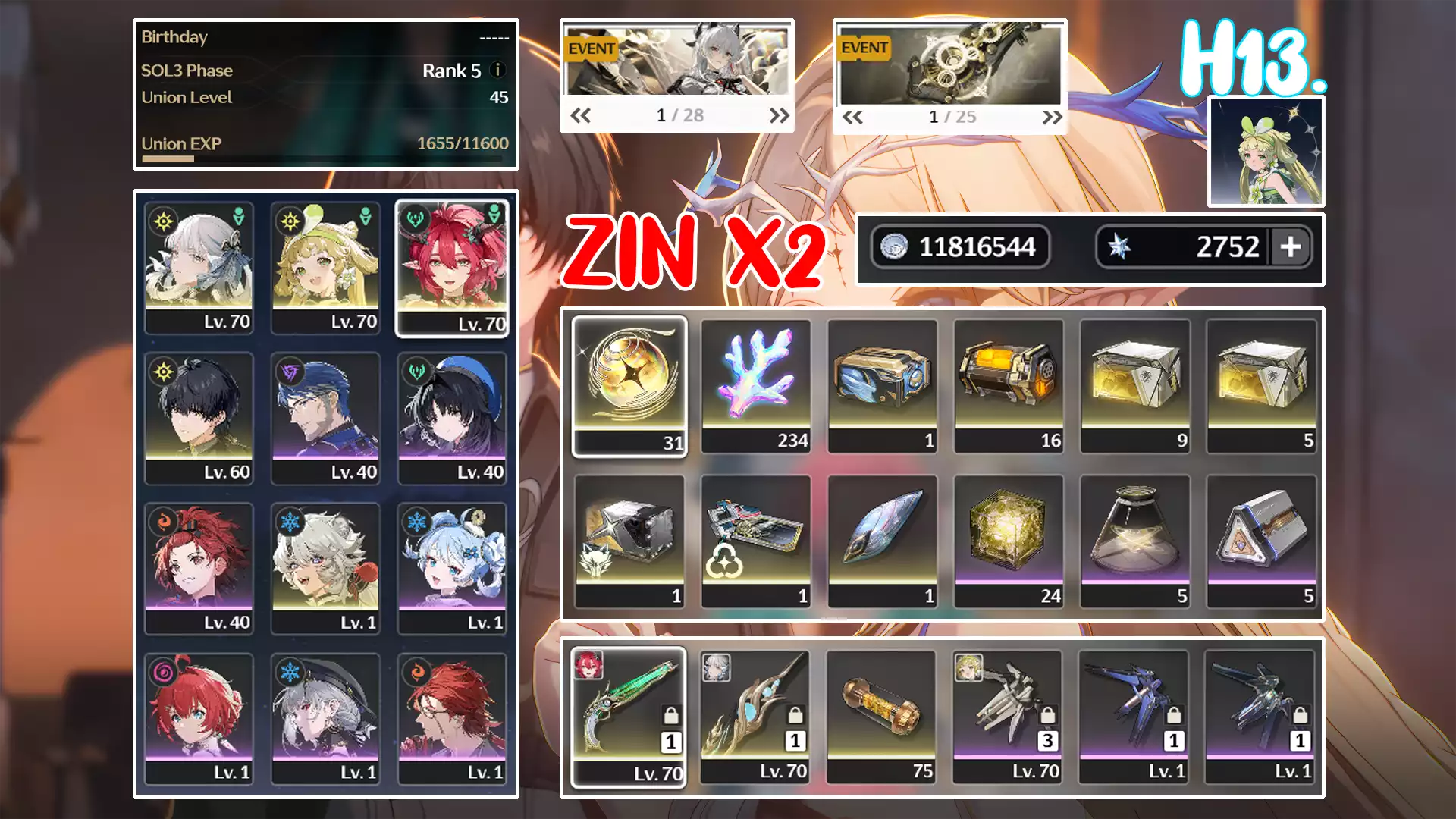Jinhsi trấn + Ciaccona trấn + 2k7 đá + 31 roll vàng + 234 san hô