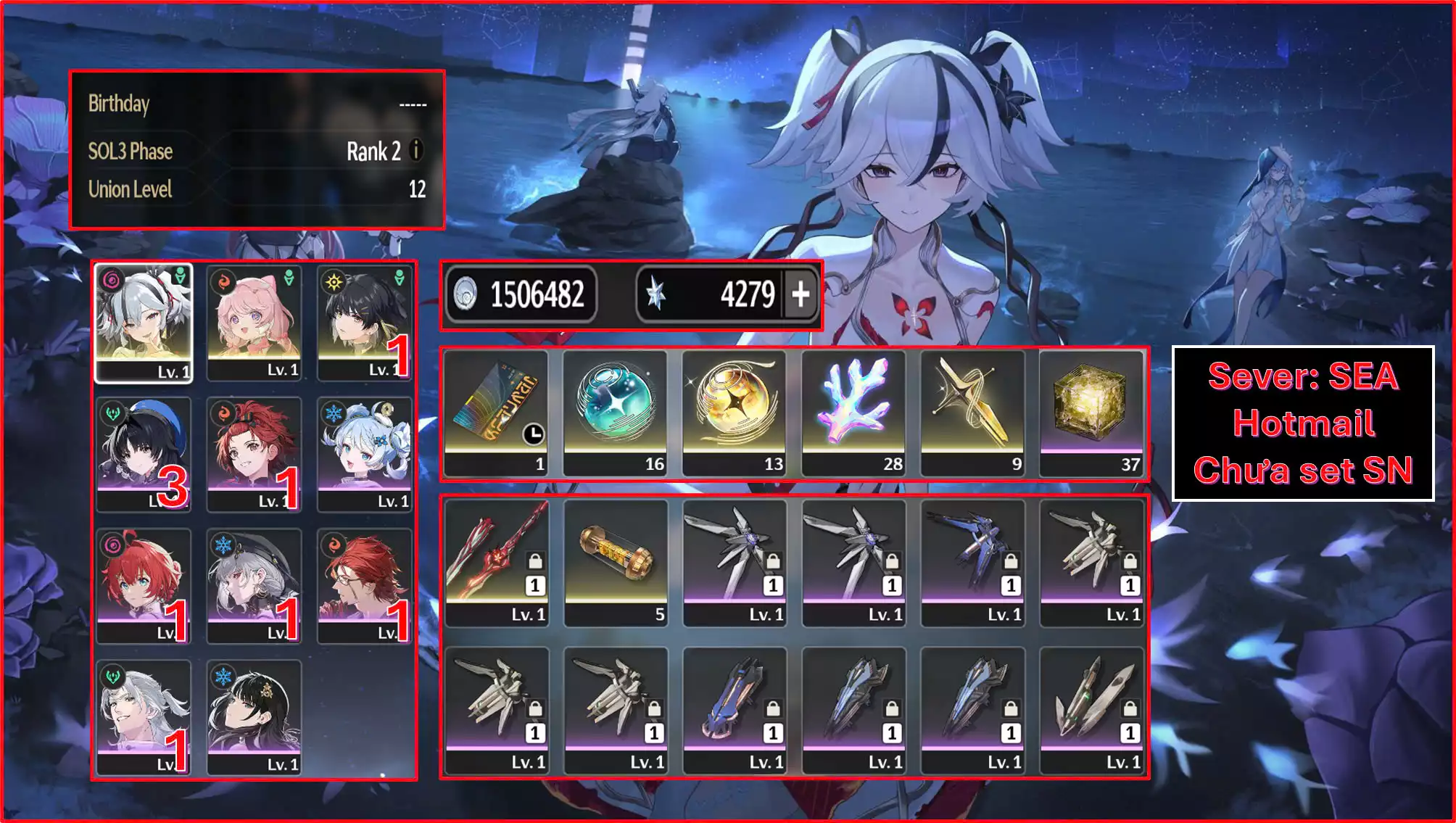 Acc khởi đầu SIÊU HIẾM : Camellya Trấn + Encore + 13 Roll vàng + 9 Roll weapon + 4k3 đá ( Sever SEA cấp 12 )