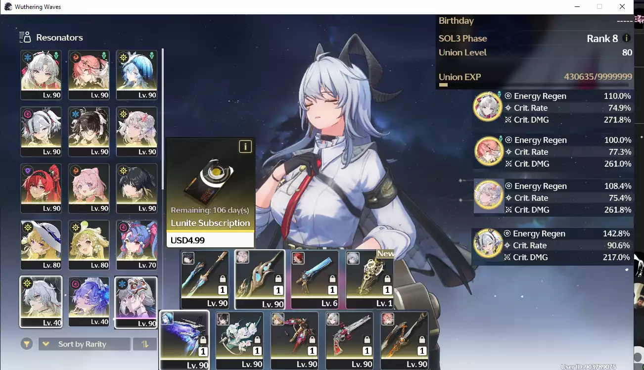 (SEA) UL80 Zani C1 Trấn + Cantarella + Jinhsi Trấn + Skin + Carlotta Trấn + Zhezhi Trấn + Yinlin Trấn + Shorekeeper Trấn + Changli Trấn + Camellya + Roccia  + Phoebe + Map còn 60%