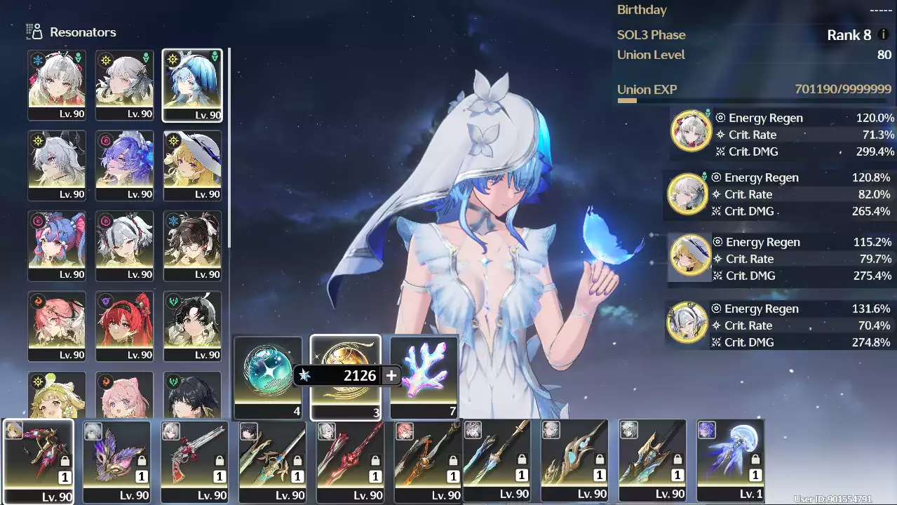 (SEA) UL80 Zani + Jinhsi Trấn + Camellya RC1 Trấn + Changli RC1 Trấn + Roccia Trấn + Carlotta Trấn +  Yinlin Trấn + Cantarella Trấn + Zhezhi + Shorekeeper + Phoebe +