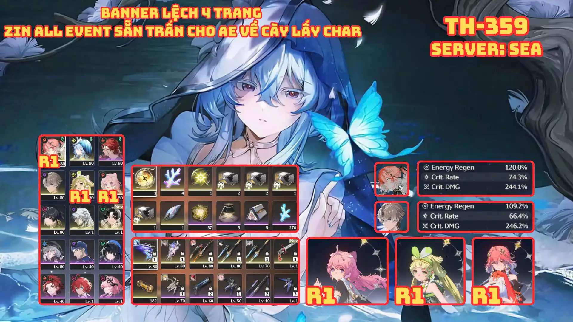 [Siêu Phẩm ] TH-359 Changli C1 (Trấn) + Shorekeeper (Trấn) + Xiangli Yao (Trấn) + Verina C1 + Encore C1 + Calcharo + Jianxi + Sẵn Trấn Carlot banner sau chỉ lấy char + lệch + Zin all từ 2.0 còn hơn 20 vé vàng trong acc