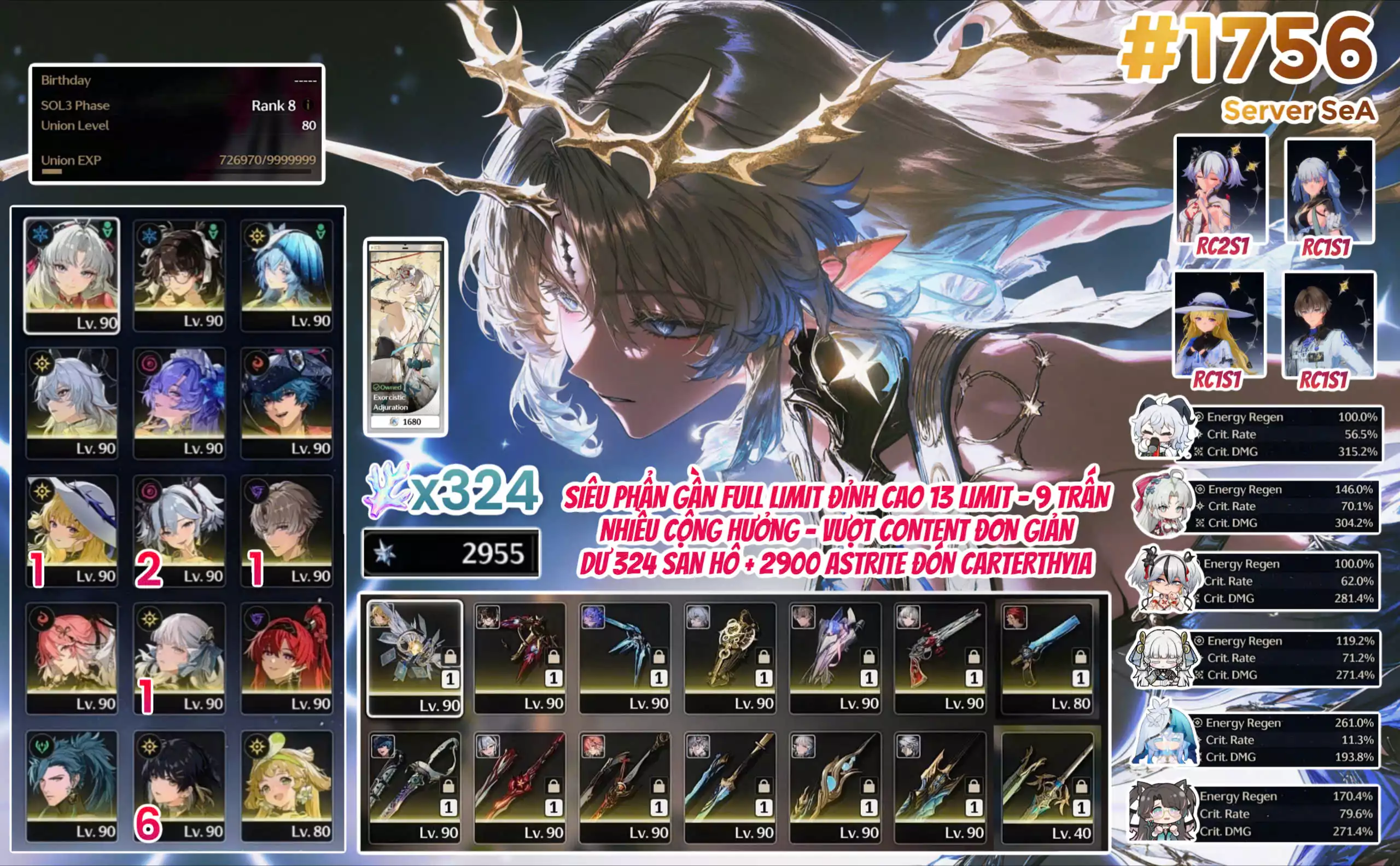[#1756 SEA SIÊU PHẨM GẦN FULL LIMIT ĐỈNH CAO 13/9 TRẤN VIP] ZANI TRẤN + PHOEBE RC1 TRẤN + SHOREKEEPER + CANTARELLA + CAMELLYA RC2 TRẤN + YAO RC1 TRẤN + JINHSI RC1 TRẤN + CARLOTTA TRẤN + ZHEZHI + YINLIN TRẤN + BRANT TRẤN + CHANGLI TRẤN + ALONG + .... + BUILD CHIẾN + 324 SAN HÔ + 2900 ASTRITE + TÀI NGUYÊN CHO ANH EM