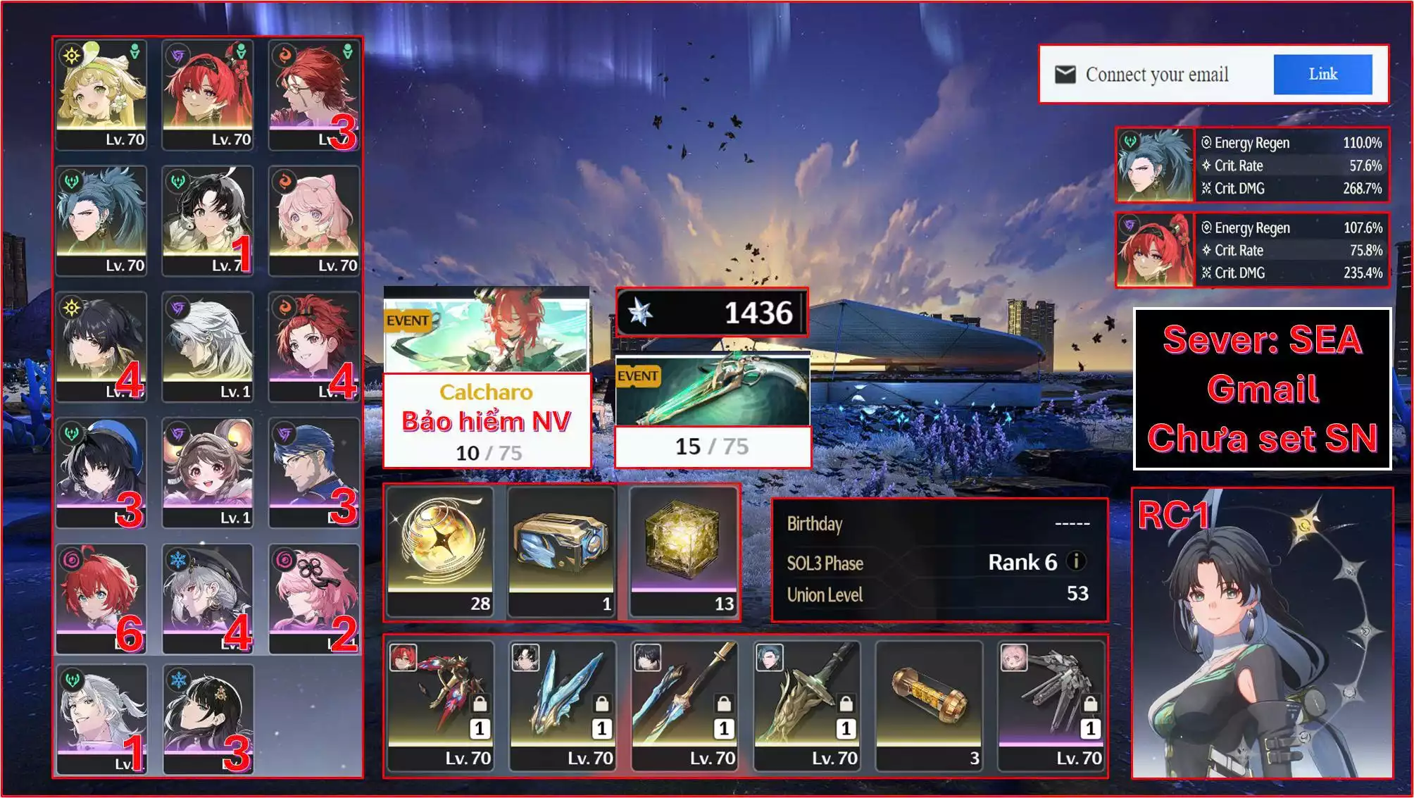 Acc Vip - Yinlin Trấn + Jiyan Trấn + Main Trấn + rương Vũ khí 5* + Bảo hiểm NV 10 Trang và vũ khí 15 trang kèm Roll và đá, đủ nổ 1 Char + Trấn bất kì, Acc cổ đại chỉ mở map Huang Long ( Acc chưa liên kết tên đăng nhập kuro )
