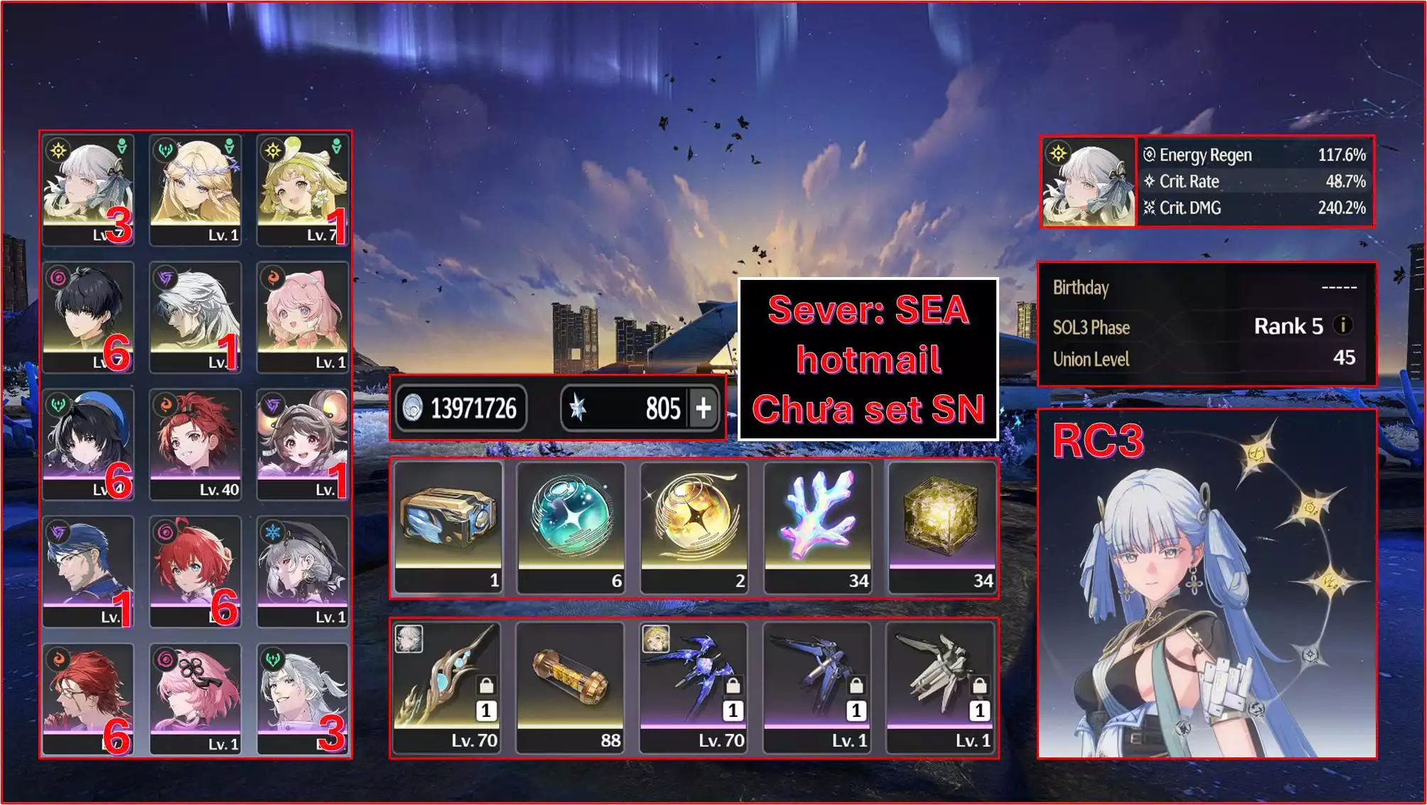 Acc Vip: Jinhsi Rc3 Trấn + Cartethyia + Verina Rc1 + Calcharo Rc1 + Encore + Roll