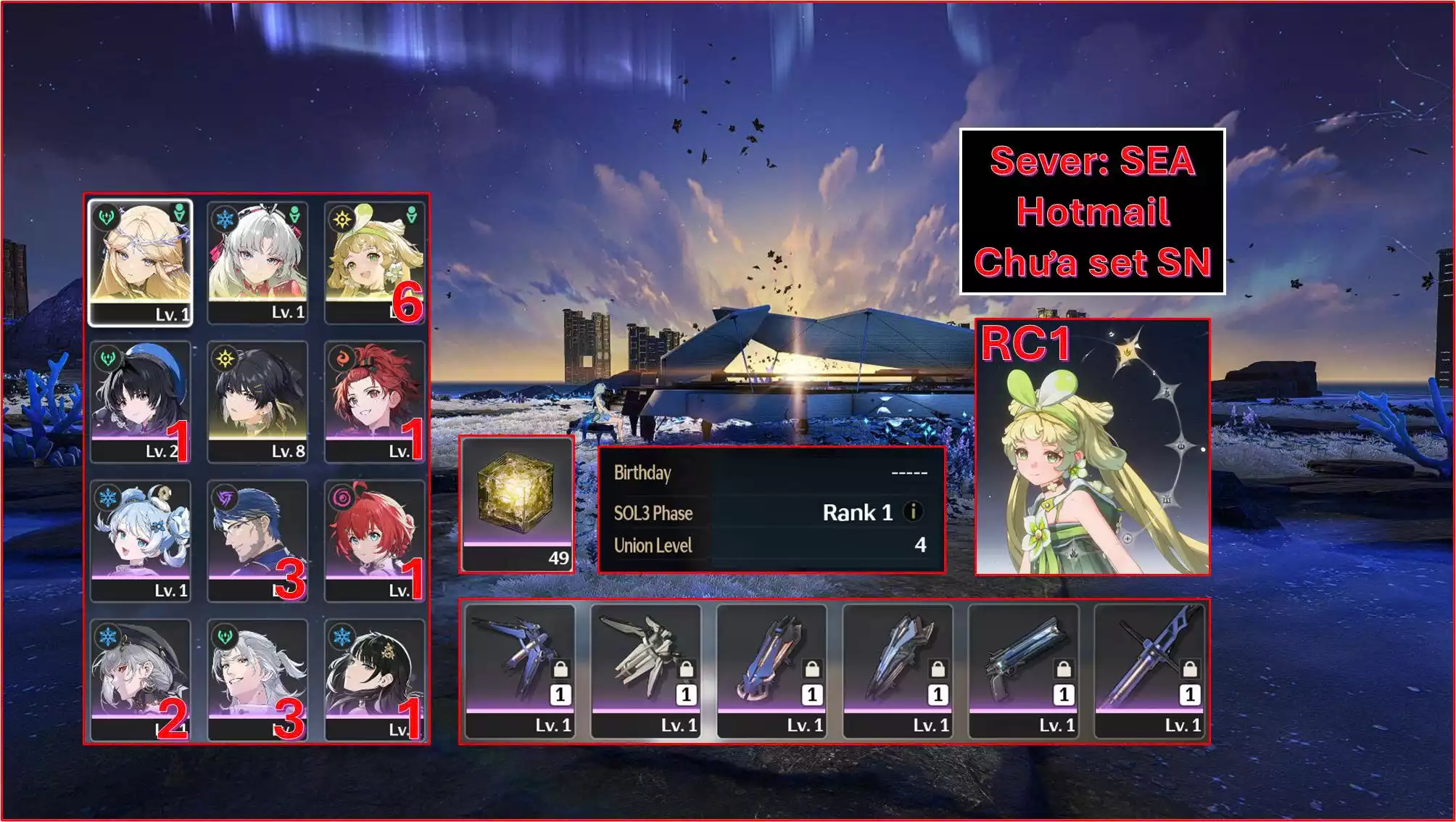 Acc siêu hiếm khởi đầu Lv4 : Cartethyia + Carlotta + Verina Rc1 + banner vũ khí đã roll được 30-50 lần, ( đã mất lịch sử Roll )