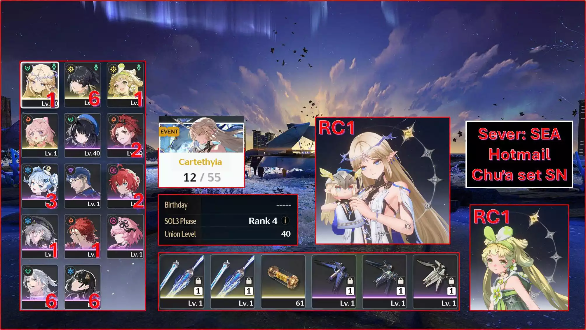 Acc Vip: Cartethyia Rc1 cùng 2 Trấn + Verina Rc1 + Encore + banner 12 trang