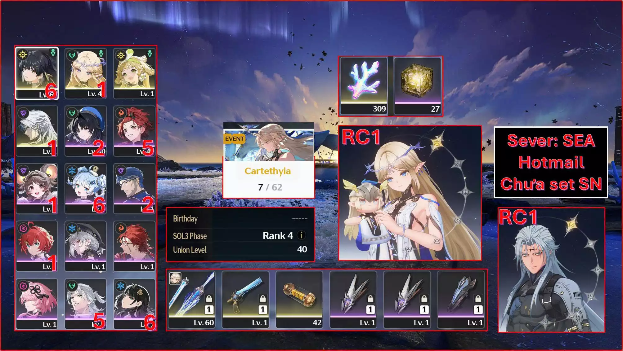 Acc Vip: Cartethyia Rc1 Trấn + Verina + Calcharo Rc1 + banner 7 trang + 309 san hô đổi Rc2 Carte hoặc Rc1 Lupa