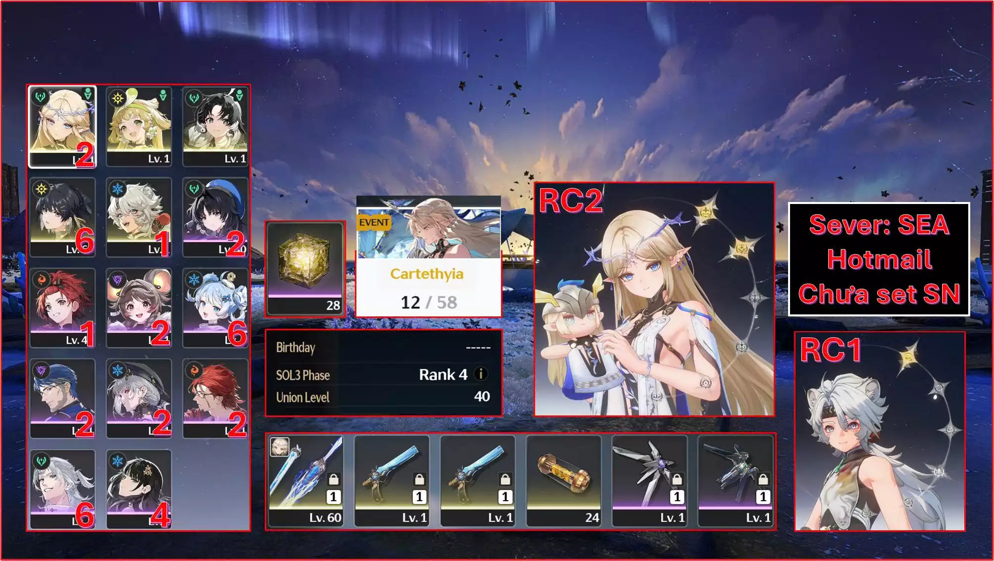 Acc Vip: Cartethyia Rc2 Trấn + Verina + Jianxin + Lingyang Rc1 + banner 12 trang