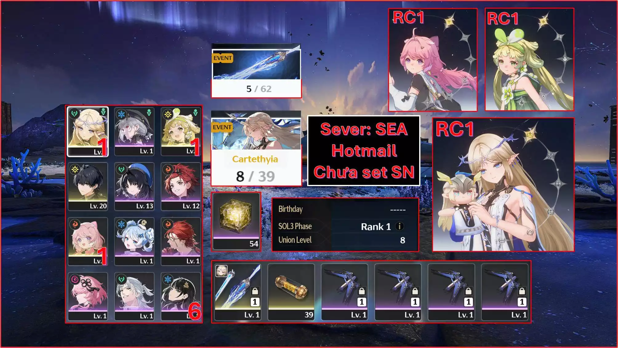 Acc UL8 : Cartethyia Rc1 Trấn + Verina Rc1 + Encore Rc1 + banner như ảnh
