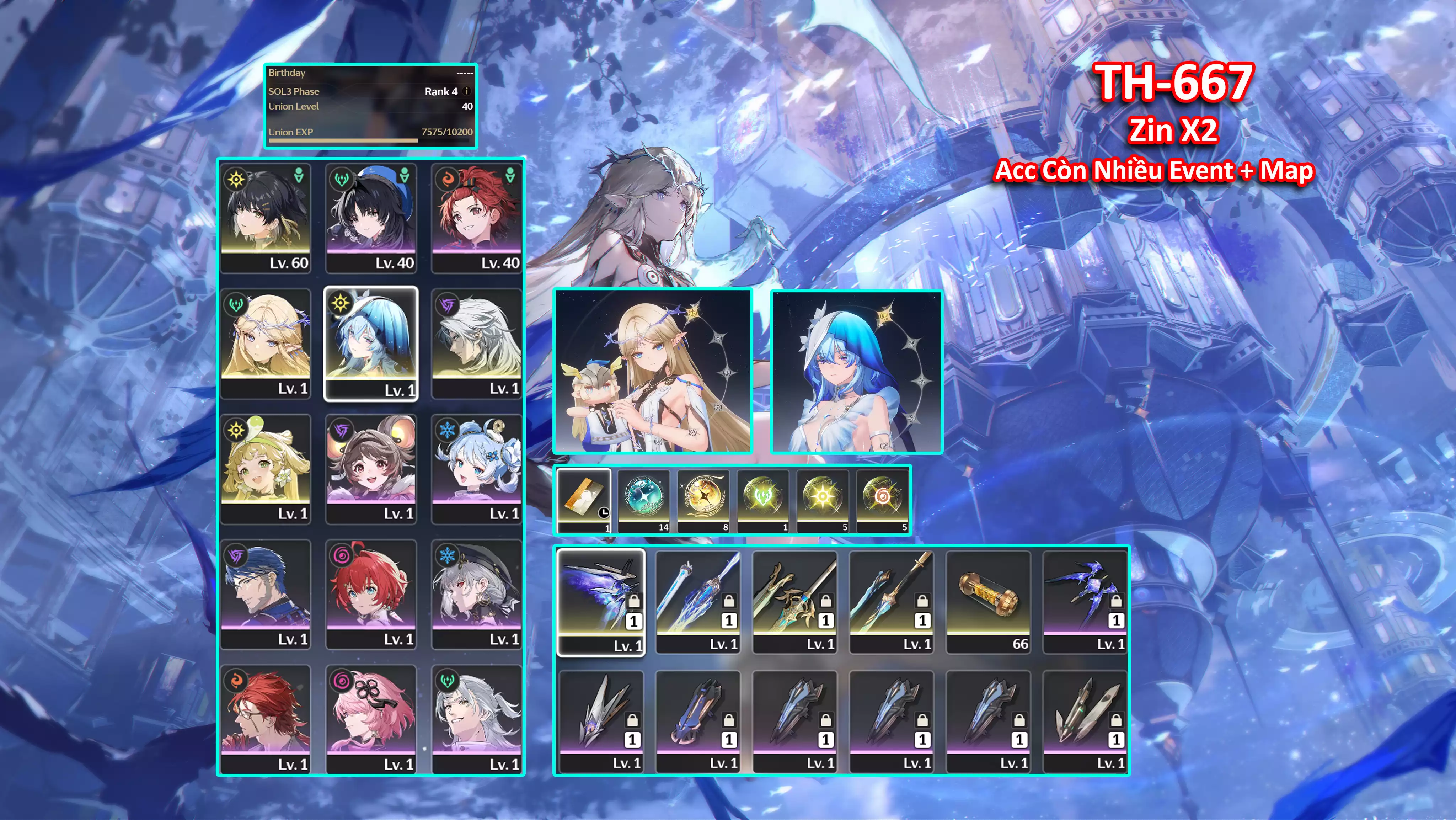 [Siêu Phẩm COMBO SIÊU VIP] TH-667 Cartethyia C1R1 + Shorekeeper C1R1 + Calcharo + Verina + Còn Nhiều Map + Event