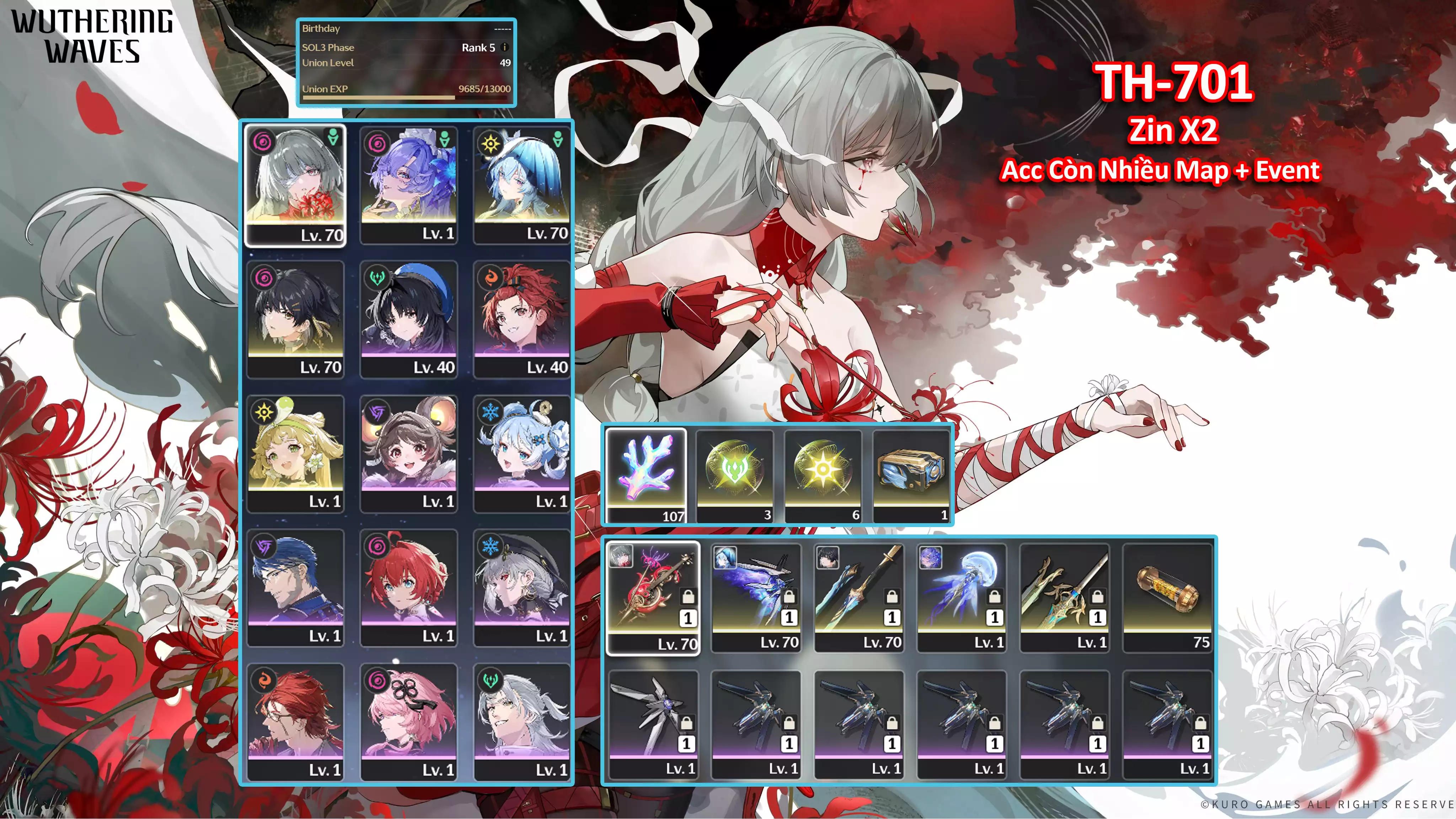 [Siêu Phẩm ] TH-701 Phrolova (Trấn) + Cantarella (Trấn) + Shorekeeper (Trấn) + Verina + Main Trấn + 2XX San Hô + rương chọn vũ khí 5 sao