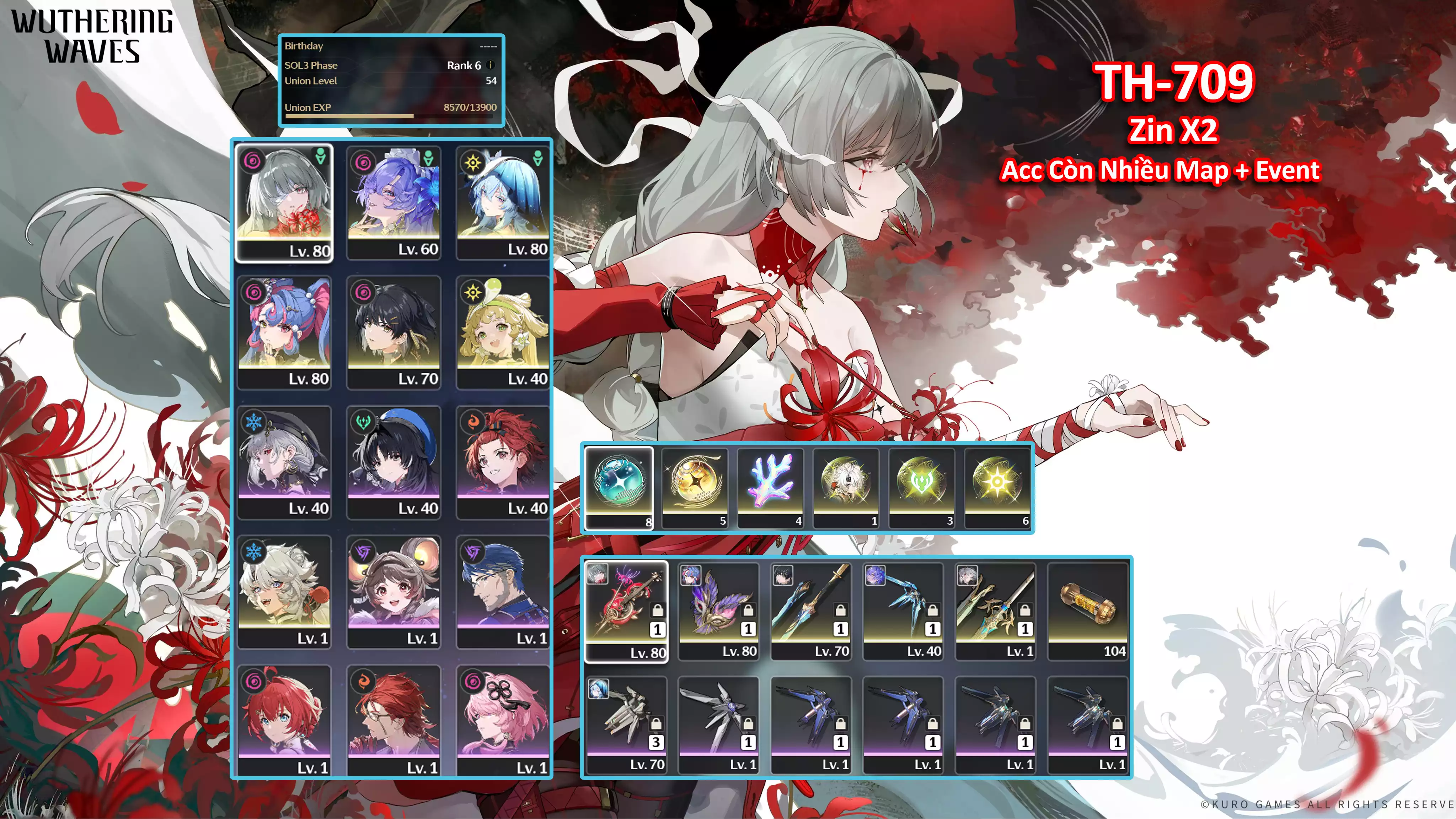 [Siêu Phẩm TEAM VIP ] TH-709 Phrolova (Trấn) + Roccia (Trấn) + Cantarella (Trấn Thường) + Shorekeeper + Main (Trấn) + Verina + Lingyang