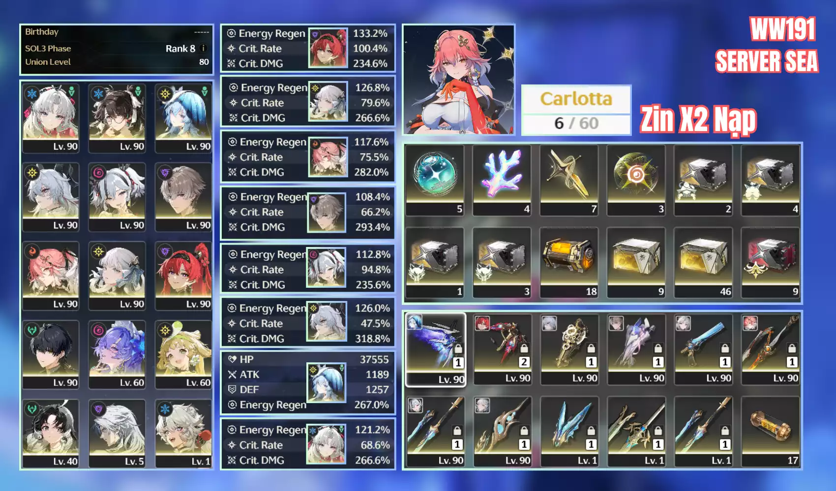 Changli RC2 trấn Shore trấn Yinlin trấn Zani trấn Yao trấn Jinhsi trấn team vip build cực mạnh giá rẻ