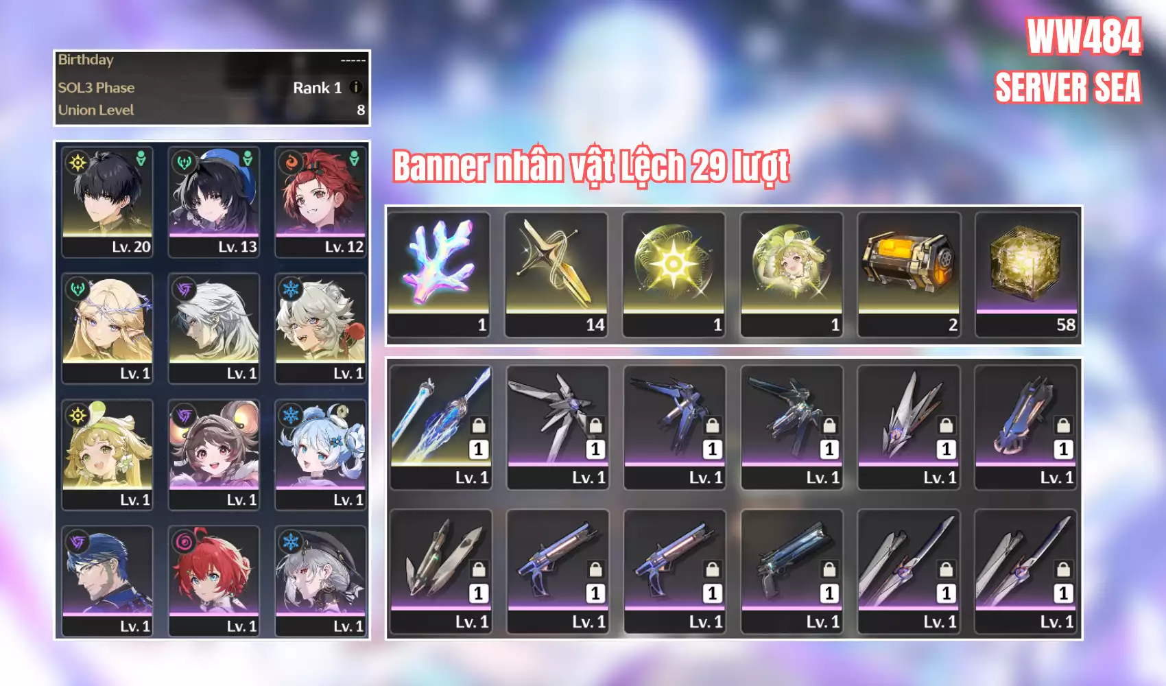 UL thấp starter cực vip Cartethyia S1 banner nhân vật lệch đã roll 29 lượt còn 14 roll vũ khí