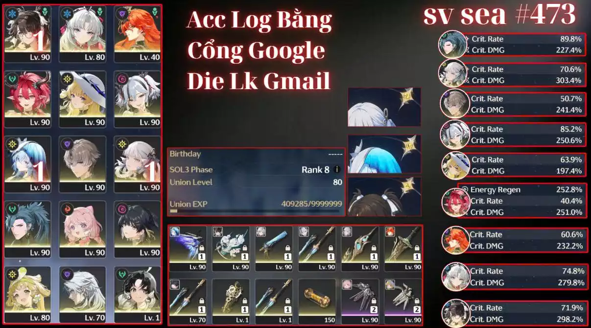 LÊN CHO AE CON ACC 10 CHAR 4 TRẤN LOG CỔNG GG DIE CỔNG MAIL GIÁ TRẢI NGHIỆM