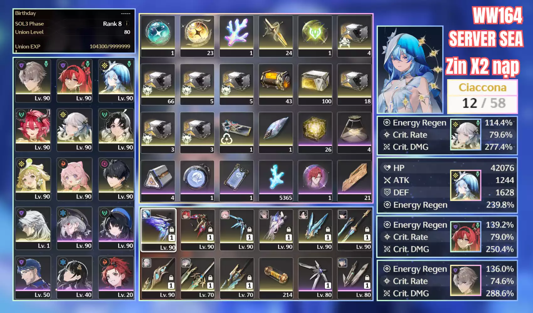 dư nhiều roll Shorekeeper Rc6S1 Yao S1 Yinlin S1 Jinhsi S1 Ciaccona acc vip build đẹp giá ngon