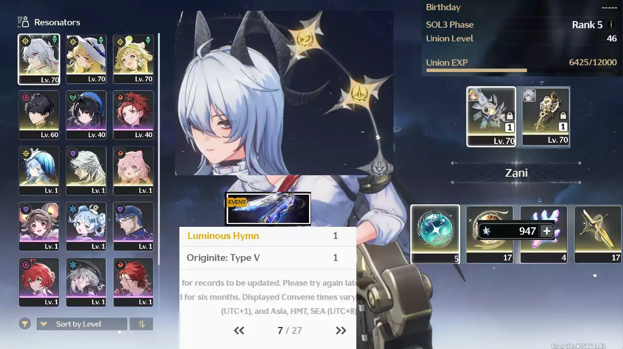 (SEA) UL45 Zani RC2 Trấn + Phoebe Trấn + Shorekeeper +  Verina + Encore + 40 Roll + Banner VK 7 trang