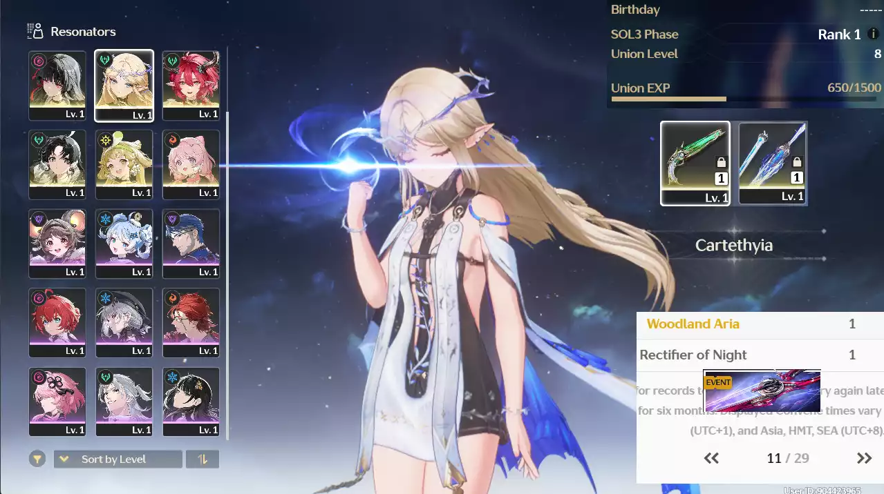 (SEA) UL8 Cartethyia Trấn + Ciaccona Trấn + Chisa + Banner Vũ khí 11 trang + Verina + Encore (Zin Map Zin nhiệm vụ)