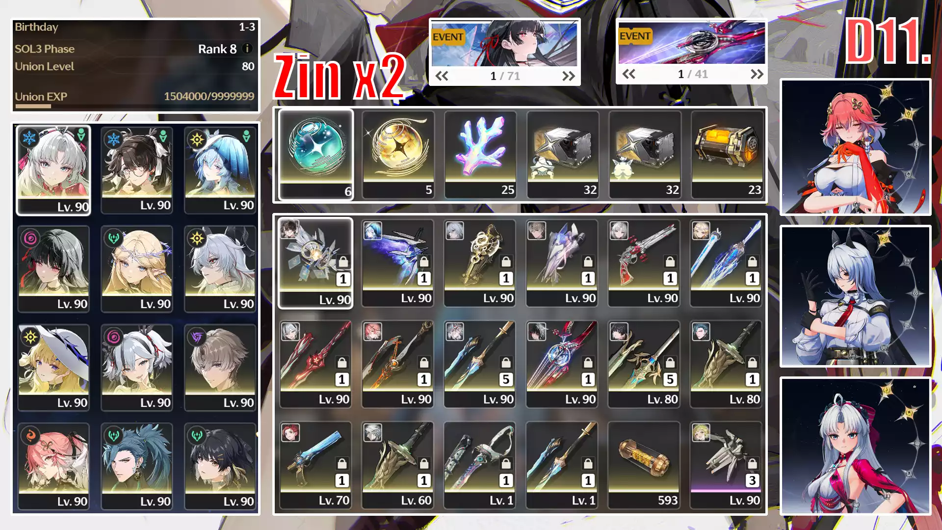 Carlotta RC2 trấn + Zhezhi + Shorekeeper + Chisa trấn + Cartethyia trấn + Zani RC1 trấn + Phoebe trấn + Camellya trấn + XiangliYao trấn + Changli RC2 trấn + Jiyan trấn + trấn Brant