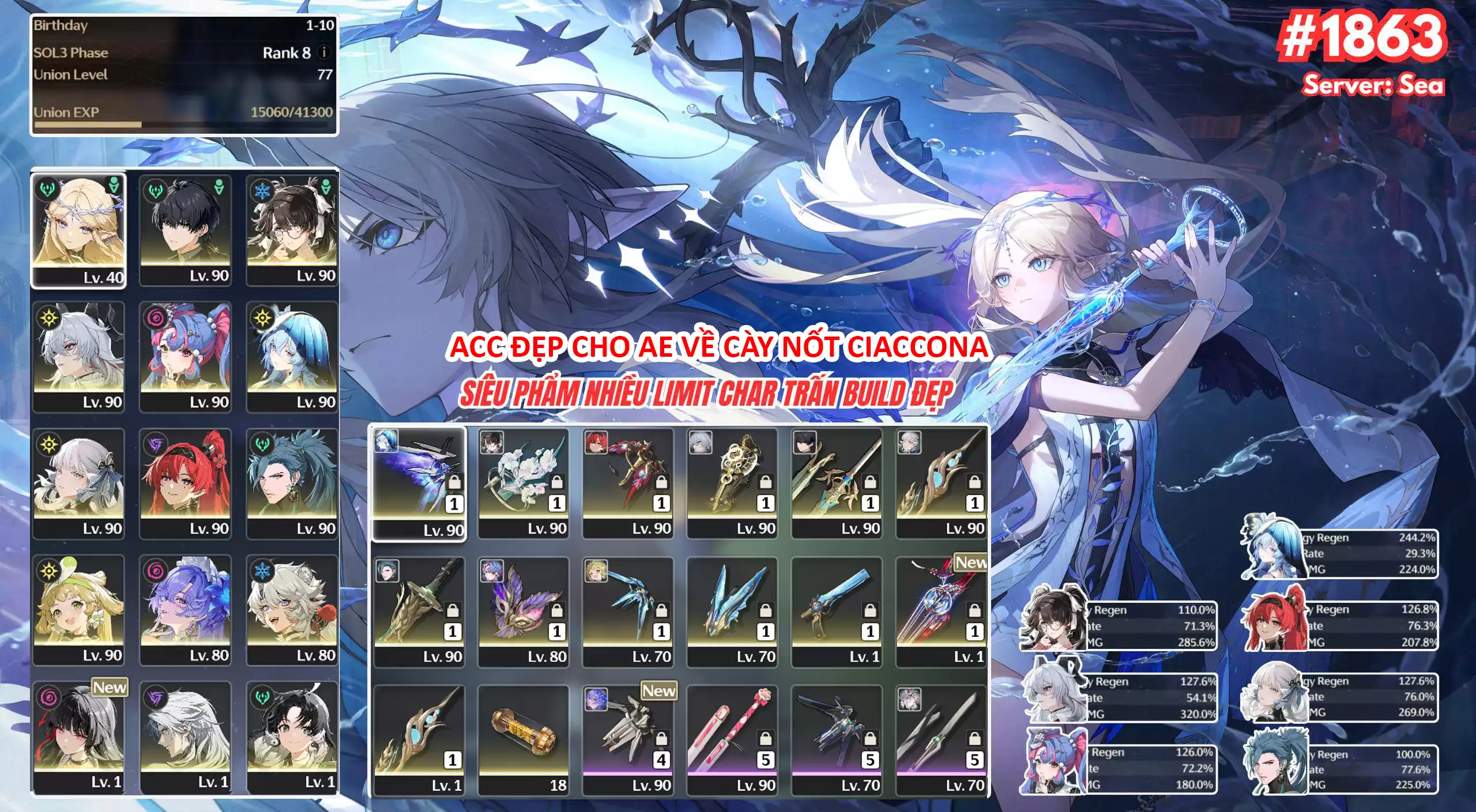 [Siêu Phẩm Cho Ae Cày Lâu Dài ] TH-662 Cartethyia + Zhezhi (Trấn) + Zani (Trấn) + Roccica (Trấn) + Shorekeeper (Trấn) + Jinhsi (Trấn) + Yilin (Trấn) + Jiyan (Trấn) + Cantarella + Chisa (Trấn) + Còn nhiều map + Event từ 2.4