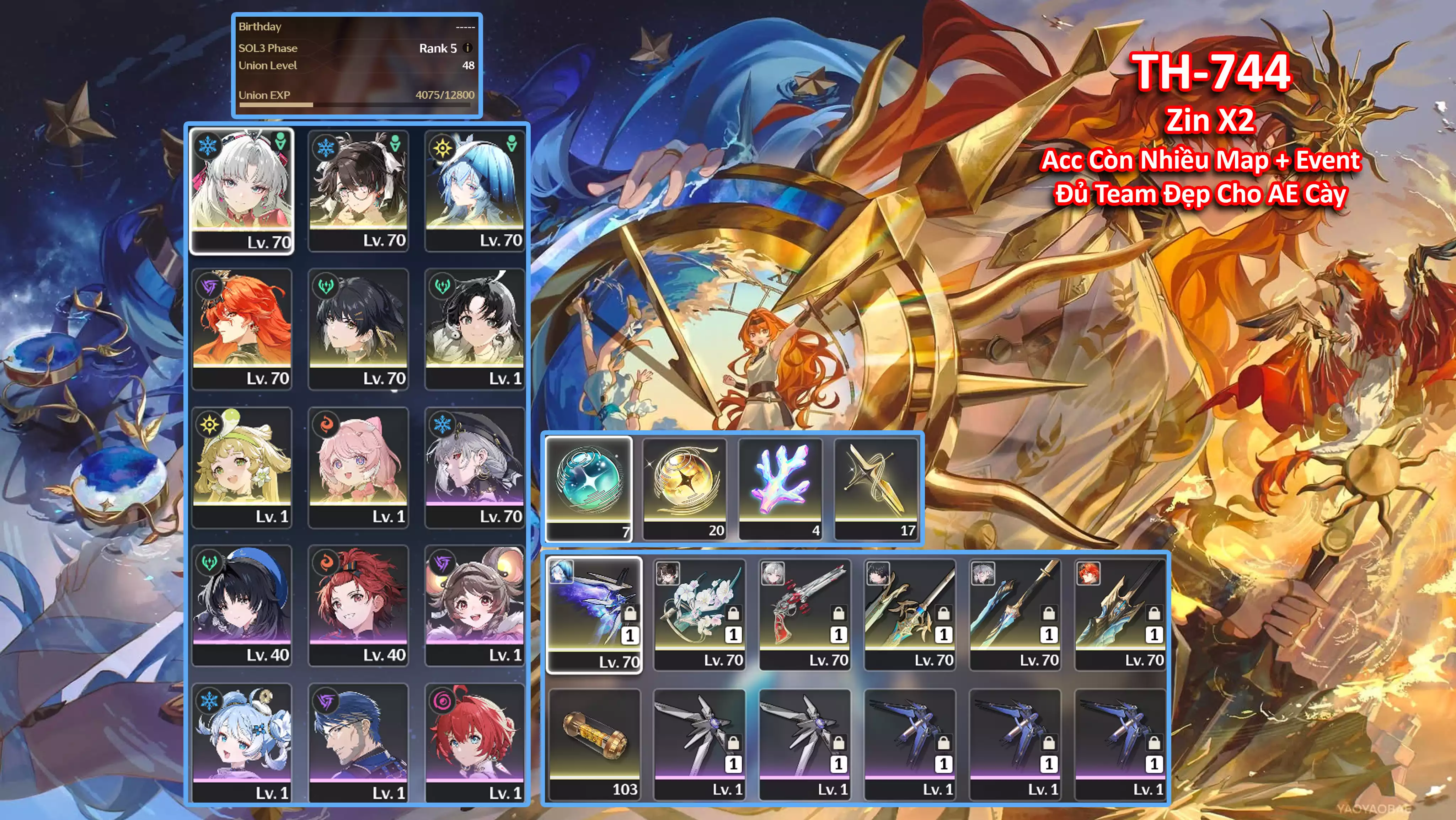 [Siêu Phẩm Team Carlotta Đẹp ] TH-744 Carlotta (Trấn) + Zhezhi (Trấn) + Shorekeeper (Trấn) + Augusta (Trấn Thường) + 4x roll Vàng