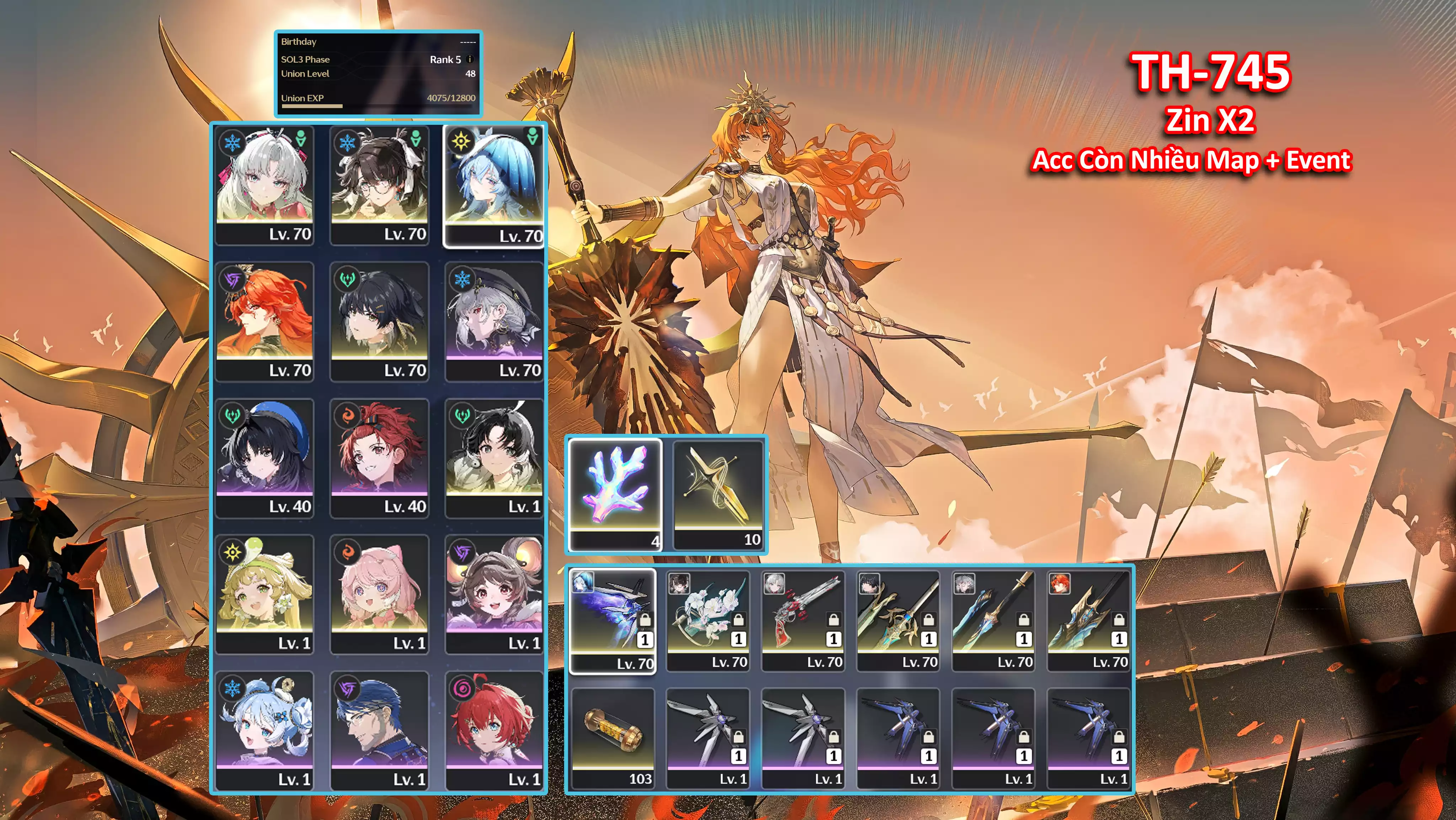 [Siêu Phẩm Team Carlotta Đẹp ] TH-745 Carlotta (Trấn) + Zhezhi (Trấn) + Shorekeeper (Trấn) + Augusta (Trấn Thường) + 2x roll Vàng