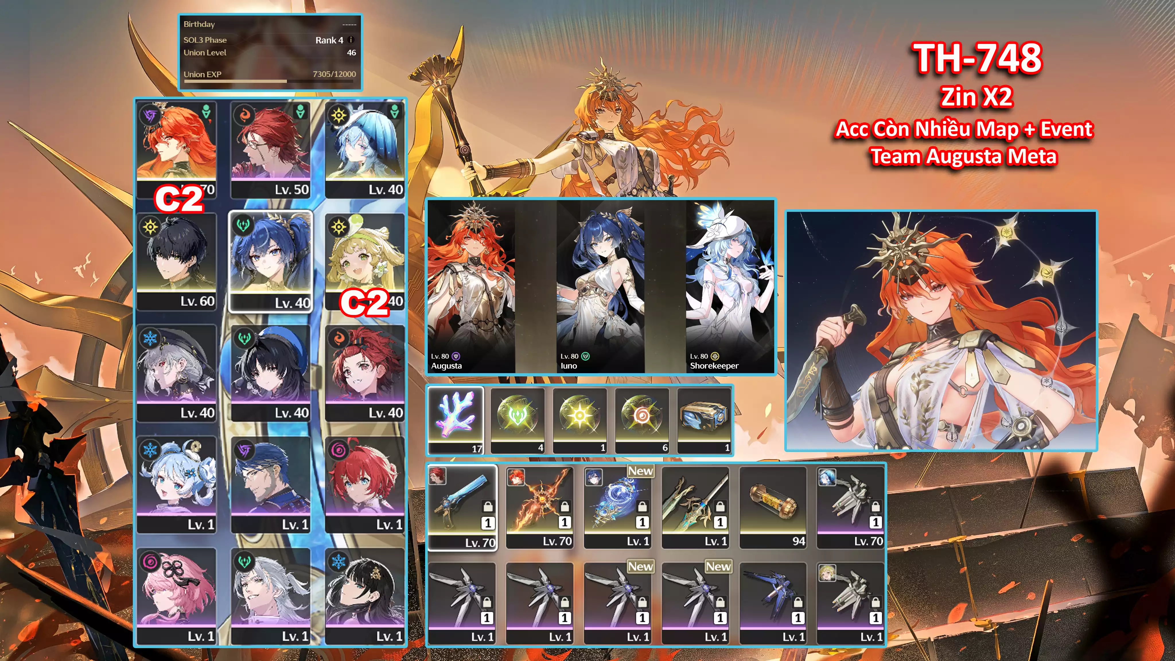 [Siêu Phẩm Cho Ae Về Cày C6 Augusta Team Vip ] TH-748 Augusta C2 (Trấn) + Iuno (Trấn) + Shorekeeper + Verina C2 + 2x Roll Vàng