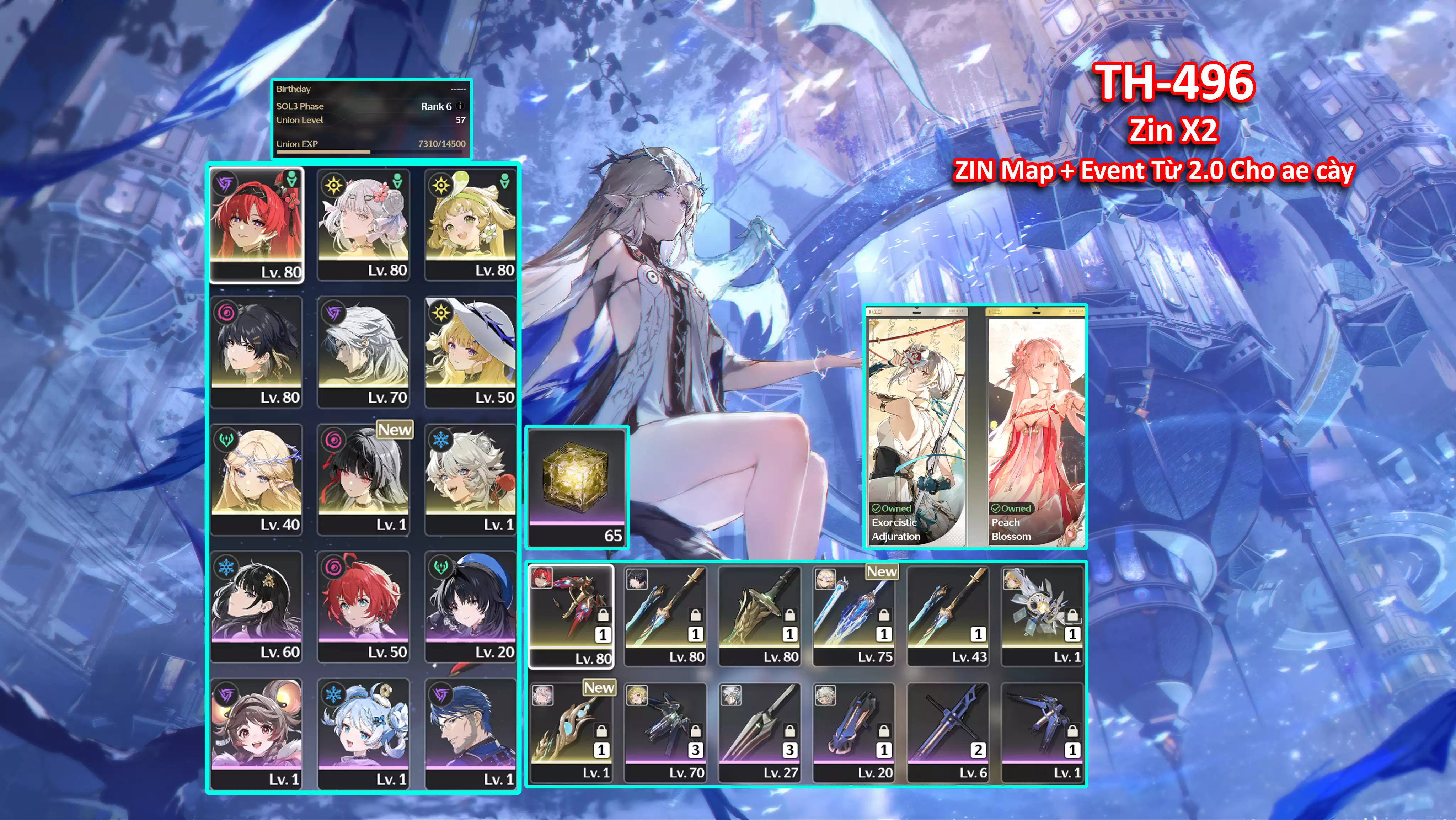 [Siêu Phẩm Gía Rẻ SKIN JINHSI VIP ] TH-496 Jinhsi + SKIN VIP + Trấn) + Cartethyia (Trấn) + Chisa + Phoebe (Trấn) + Yilin (Trấn) + Zin nhiều map và event