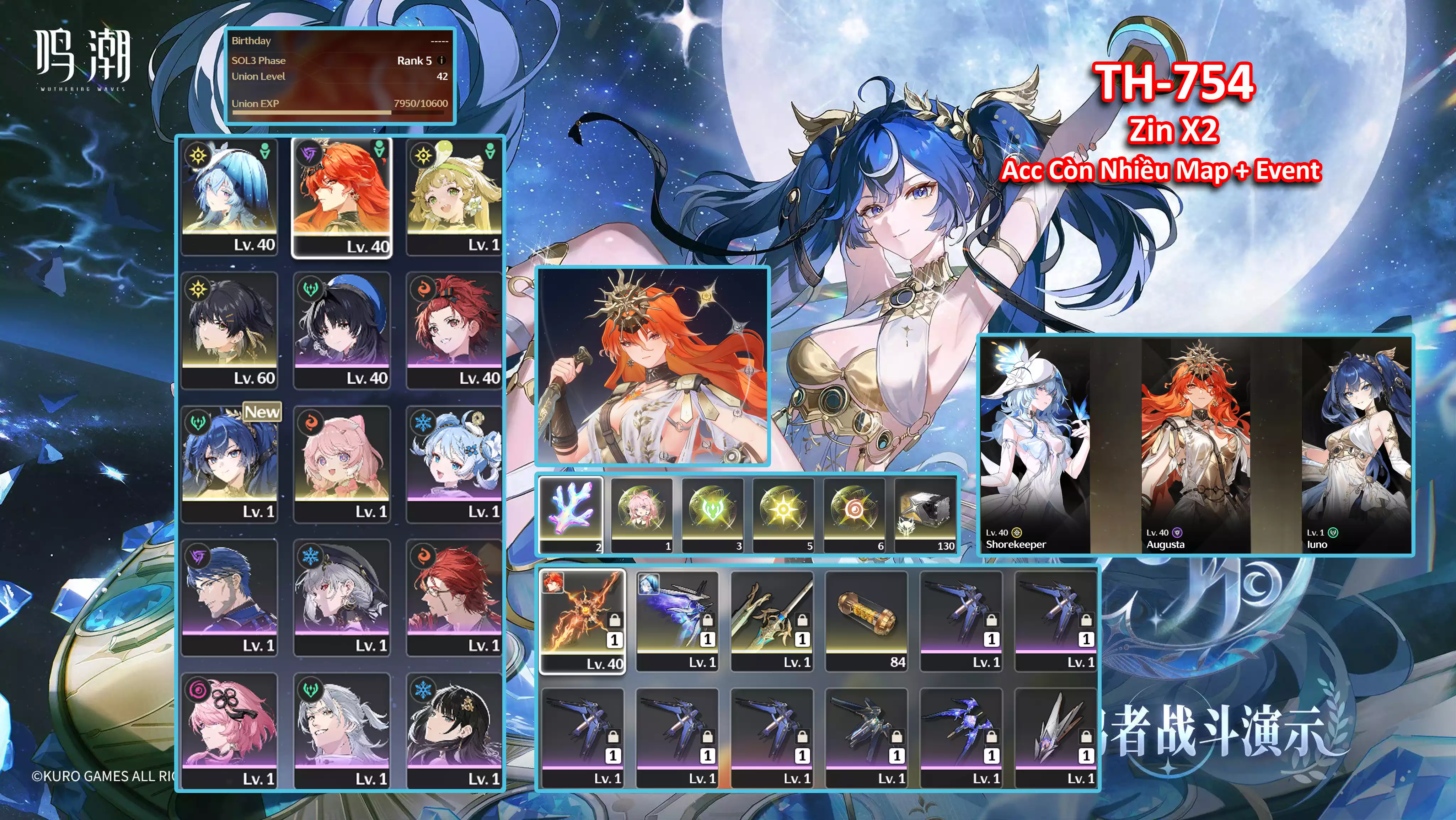 [Siêu Phẩm Team Vip Meta S ] TH-754 Augusta C1 (Trấn) + Shorekeeper (Trấn) + Iuno + Acc còn nhiều map và event