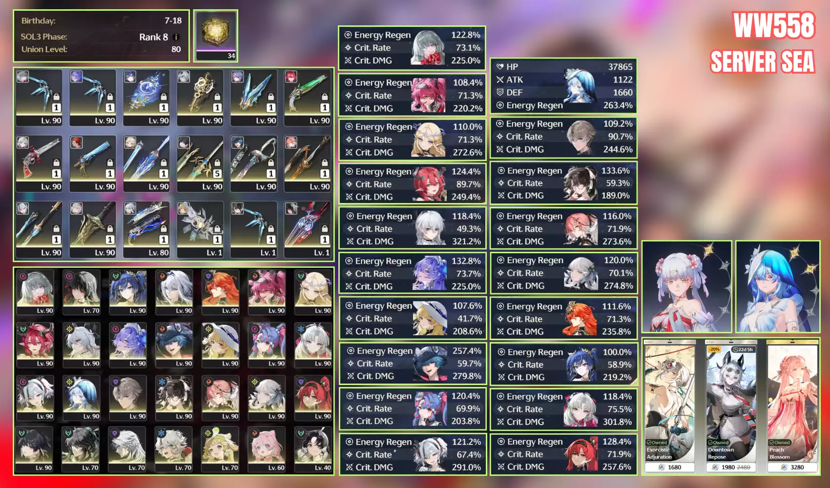 Siêu phẩm 22 char limit 11 trấn Jinhsi RC1 SKIN, Zani SKIN, Shore RC2, acc siêu vip