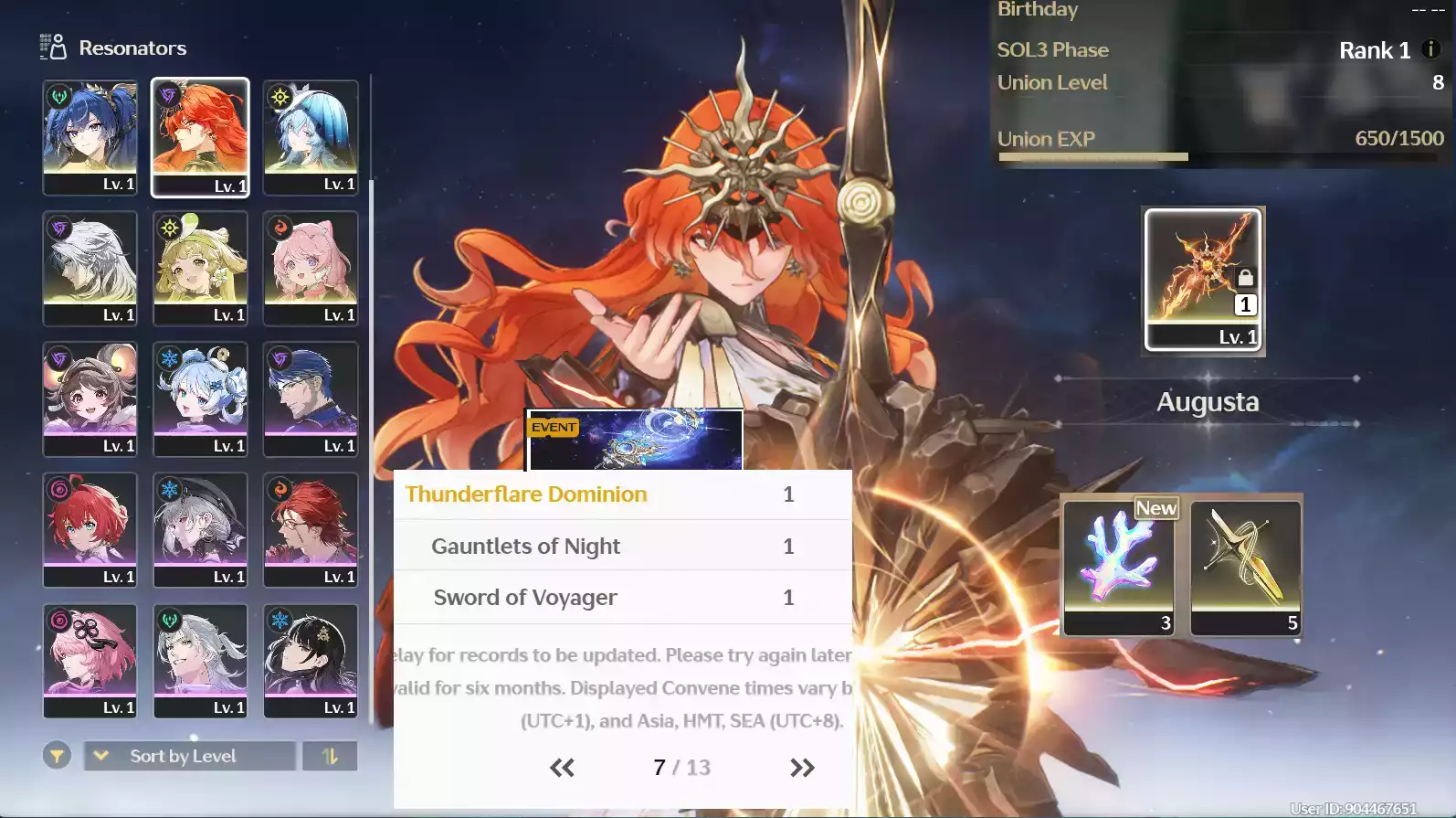 (SEA) UL8 Augusta Trấn + Iuno + Shorekeeper + Verina RC1(Zin Map, Zin Nhiệm Vụ)