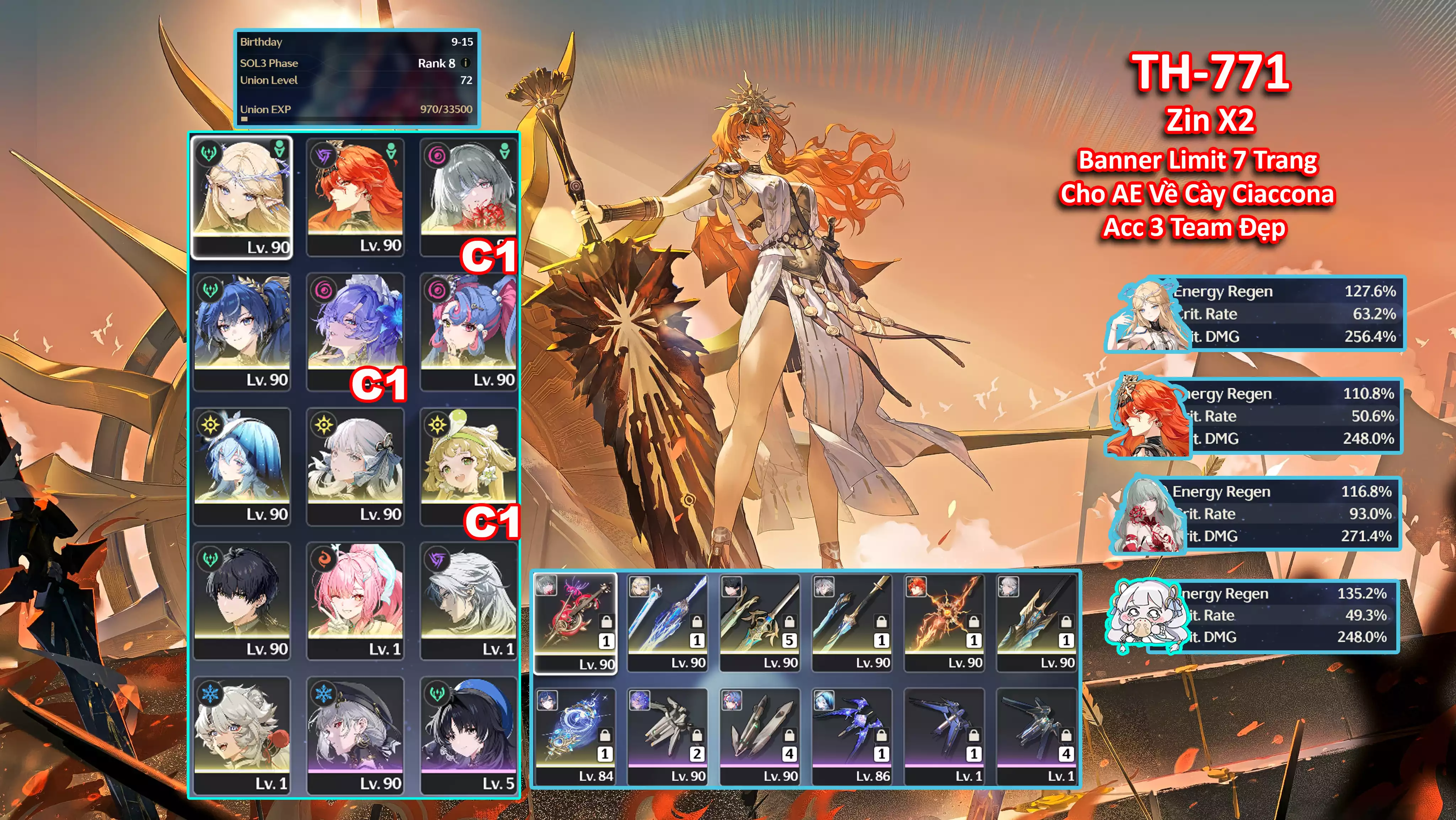 [Siêu Phẩm Toàn DPS Top Meta Cho Ae Cày ] TH-771 Carterthyia (Trấn) + Augusta (Trấn) + Phrolova C1 (Trấn) + Iuno (Trấn) + Cantarella C1 + Roccia + Shorekeeper + Jinhsi + Aemeath + Còn Nhiều map Cho Ae Cày Trấn