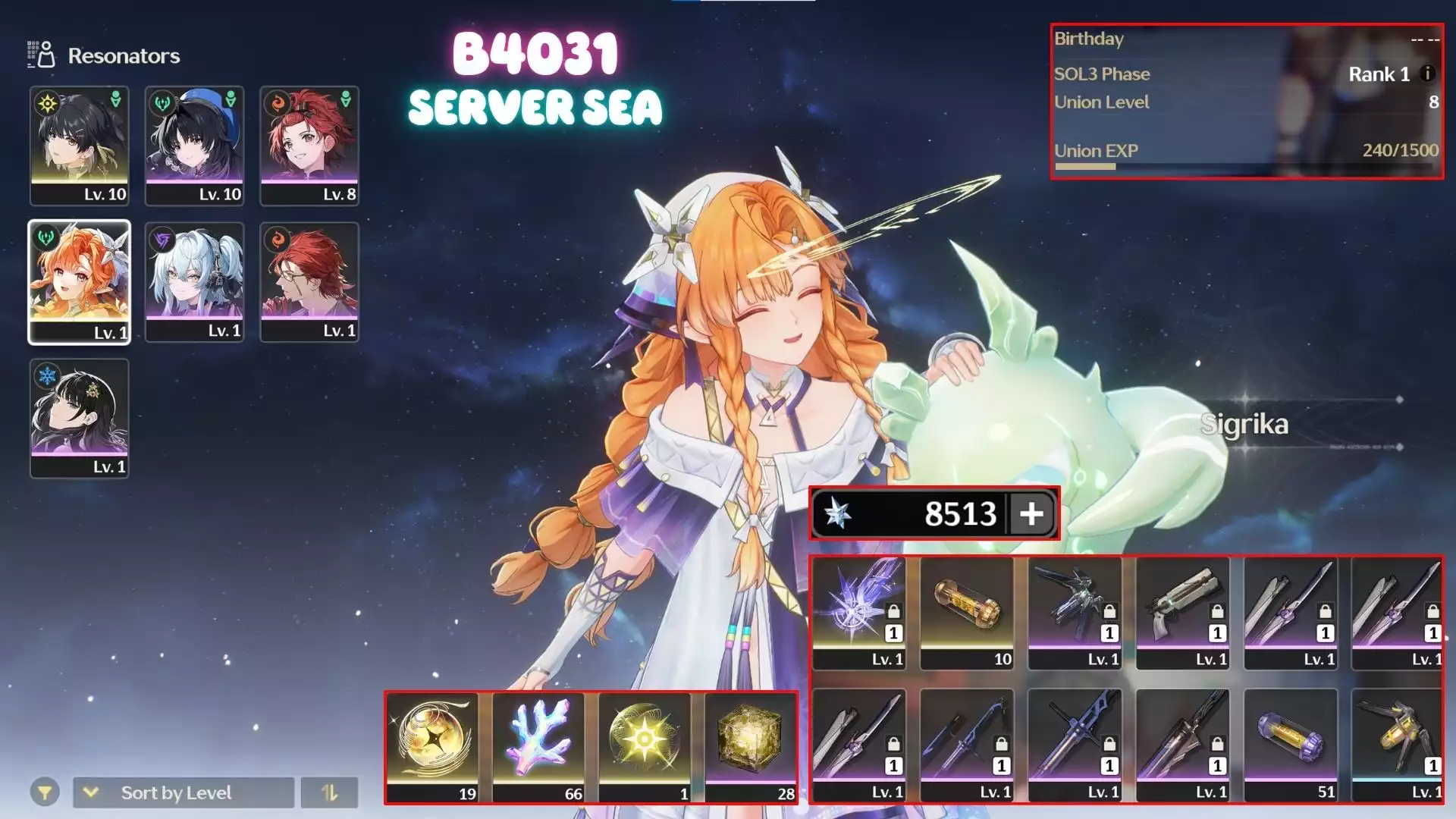 Acc Khởi Đầu Sigrika Trấn ( Dư 8k Đá, 66 Sừng, 19 roll )